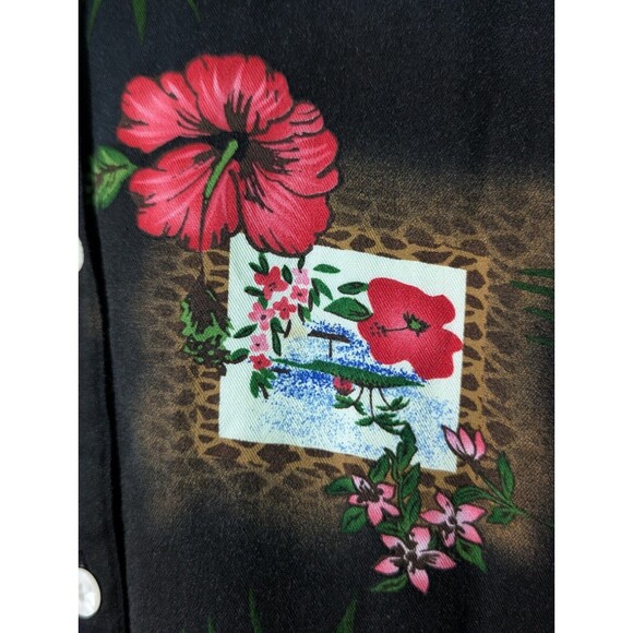 Liz & Me Hawaiian Button Shirt Womens Plus 3X Black Hibiscus Tropical Fiji Palm - Picture 2 of 5